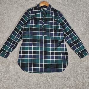 LL Bean Signature Shirt Womens Medium Green Blue Plaid Flannel Tunic Cabincore